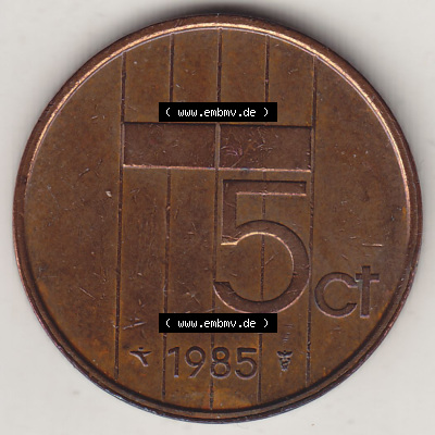 Münzen Niederlande / Netherlands Eurovorläufer, Umlaufmünze vor Euroeinführung 1982-2001, 5 Ct Cent 1985 (Stück 3) Königin... Sammlung