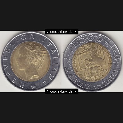 Münzen Italien / Italia Eurovorläufer, Gedenkmünze vor Euroeinführung 1997-1997, 500 Lire, 50 Jahre Staatspolizei (1947-1997), POLIZIA DI STATO... Sammlung