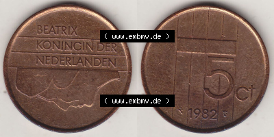 Münzen Niederlande / Netherlands Eurovorläufer, Umlaufmünze vor Euroeinführung 1982-2001, 5 Ct Cent 1982, Königin Beatrix... Sammlung