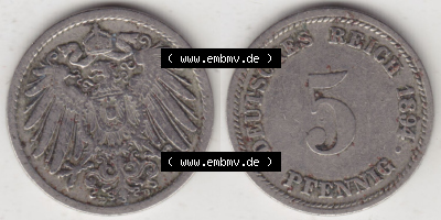 Münzen Deutschland 1871-1918 Kaiserreich 1890-1915, 5 Pfennig D, 1894 (3) Sammlung