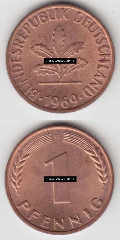 Münzen Deutschland 1 Pfennig-Deutsche Mark 1950-2001, 1 Pfennig 1969 D. Vorderseite und Rückseite in vertikaler Ansicht, einer... Sammlung