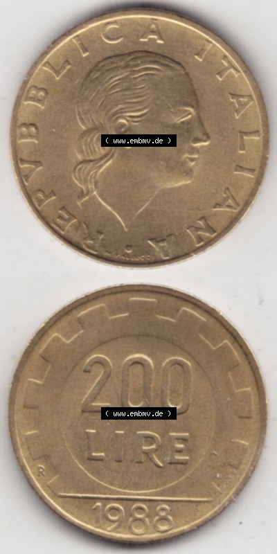 Münzen Italien / Italia Eurovorläufer, Gedenkmünze vor Euroeinführung 1977-2001, 200 Lire, Zahnrad 1988 (Stück 1). Rückseite... Sammlung