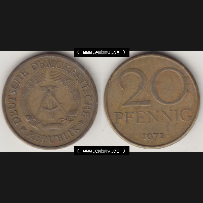 Münzen Deutschland DDR 1969-1990, 20 Pfennig 1971-2, DDR-Telefonmünze. Vorderseite und Rückseite Nebeneinander einer 20 Pfennig Münze / Umlaufmünze in der... Sammlung