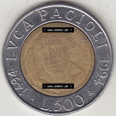 Münzen Italien / Italia Eurovorläufer, Gedenkmünze vor Euroeinführung 1994-1994, 500 Lire, 500. Geburtstag von Luca Pacioli... Sammlung