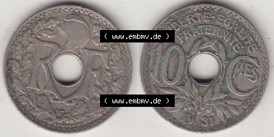 Frankreich 10 CMES EGALITÉ FRATERNITÉ LIBERTÉ 1931 (Stück 2) Sammlung
