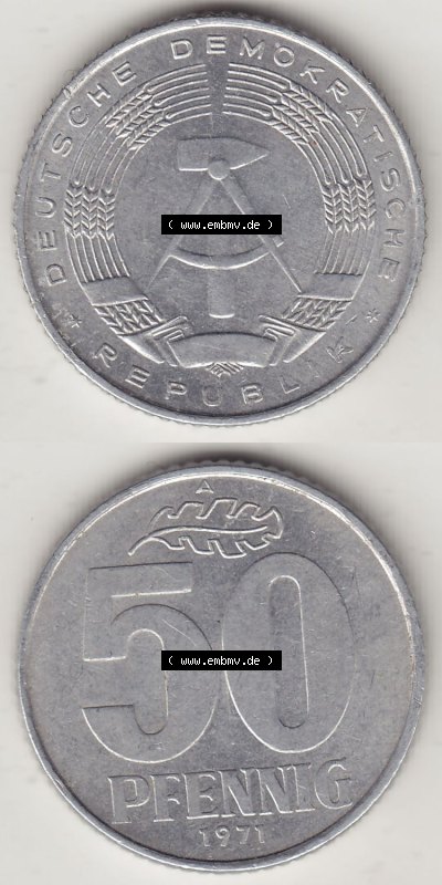 Münzen Deutschland DDR 1958-1990, A 50 Pfennig 1971 (Stück 2) der DDR-Mark. Vorderseite und Rückseite Vertikal Untereinander,... Sammlung