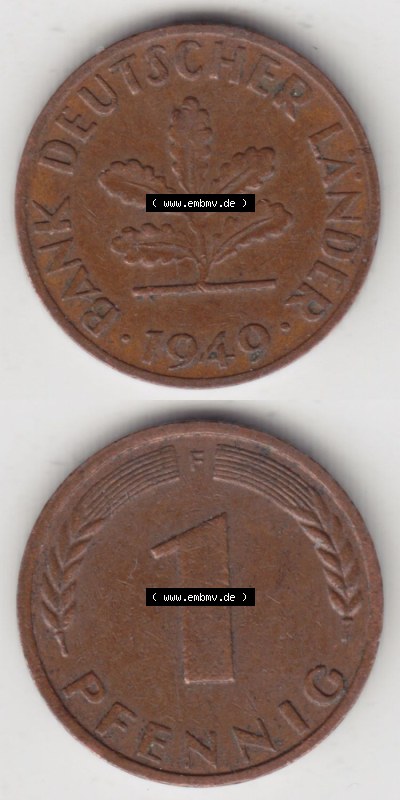 Münzen Deutschland 1 Pfennig-Deutsche Mark 1948-1949, 1 Pfennig 1949 F. Vorderseite und Rückseite in vertikaler Ansicht, einer... Sammlung
