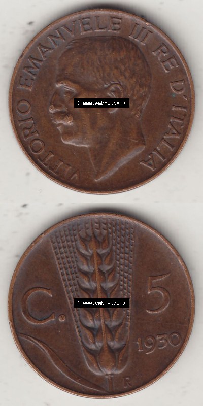 Münzen Italien / Italia Eurovorläufer, Umlaufmünze vor Euroeinführung 1919-1937, 5 Centesimi, Cent, Viktor Emanuel III. A.... Sammlung