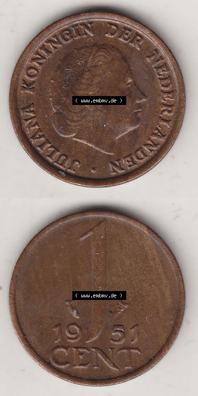 Münzen Niederlande / Netherlands Eurovorläufer, Umlaufmünze vor Euroeinführung 1950-1980, 1 Cent 1951 Juliana (4) Sammlung