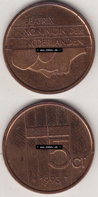Münzen Niederlande / Netherlands Eurovorläufer, Umlaufmünze vor Euroeinführung 1982-2001, 5 Ct Cent 1993 (Stück 2) Königin... Sammlung