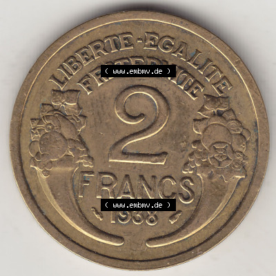 Münzen Frankreich Eurovorläufer, Umlaufmünze vor Euroeinführung 1931-1941, 2 Franken 1938 (Stück 1) LIBERTE EGALITE FRATERNITE.... Sammlung