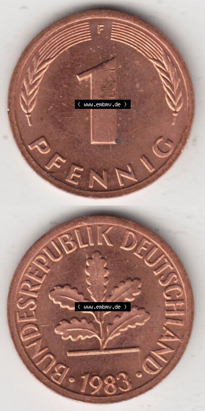Münzen Deutschland 1 Pfennig-Deutsche Mark 1950-2001, 1 Pfennig 1983 F. Bildmaterial mit Rückseite und Vorderseite in vertikaler... Sammlung