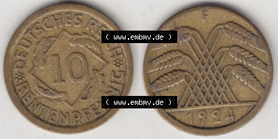 Münzen Deutschland 1918-1932 Weimarer Republik 1923-1925, 10 Rentenpfennig F, 1924 (3) Sammlung