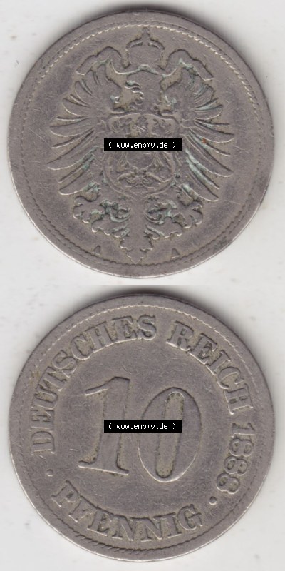 Münzen Deutschland 1871-1918 Kaiserreich 1873-1889, 10 Pfennig A, 1888. Vorderseite und Rückseite Vertikal Untereinander, passend... Sammlung