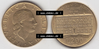 Münzen Italien / Italia Eurovorläufer, Gedenkmünze vor Euroeinführung 1990-1990, 200 Lire Gründung von Staatsrat. Rückseite... Sammlung