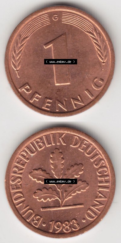 Münzen Deutschland 1 Pfennig-Deutsche Mark 1950-2001, 1 Pfennig 1983 G. Bildmaterial mit Rückseite und Vorderseite in vertikaler... Sammlung