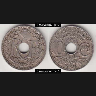 Münzen Frankreich Eurovorläufer, Umlaufmünze vor Euroeinführung 1917-1938, 10 Centimes - Cmes 1936. Vorderseite und Rückseite Nebeneinander einer Münze... Sammlung