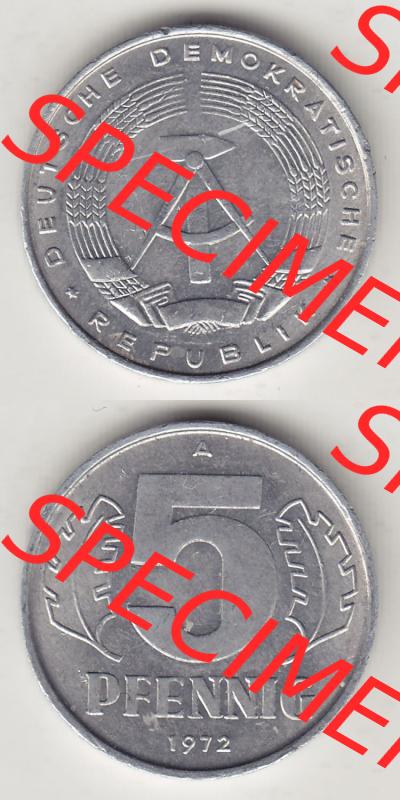 Münzen Deutschland DDR 1968-1990, A 5 Pfennig 1972-1. Vorderseite und Rückseite einer Münze in Vertikaler Ausrichtung auf einen Bild, einer 5 Pfennig Münze der ehemaligen... Sammlung