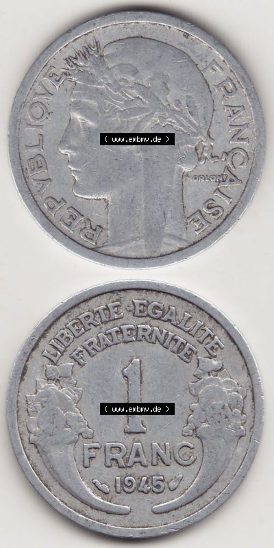 Münzen Frankreich Eurovorläufer, Umlaufmünze vor Euroeinführung 1941-1959, 1 Franken - Francs 1945. Vorderseite und Rückseite... Sammlung