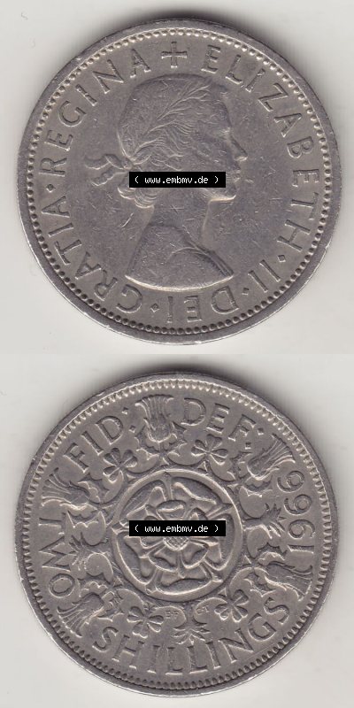 Münzen Großbritannien Eurovorläufer, Umlaufmünze vor Euroeinführung 1954-1970, 2 Schilling - Shillings 1966 (Stück 4). Vorderseite... Sammlung