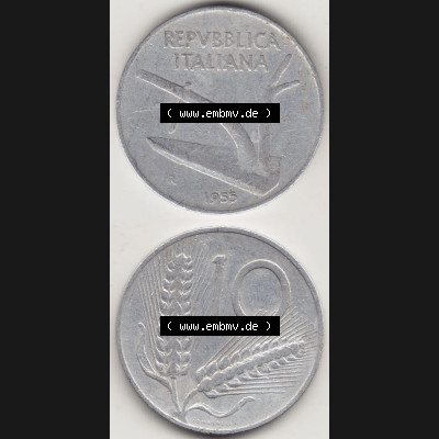 Münzen Italien / Italia Eurovorläufer, Umlaufmünze vor Euroeinführung 1951-2001, 10 Lire 1955-2. Vorderseite und Rückseite Vertikal Untereinander,... Sammlung
