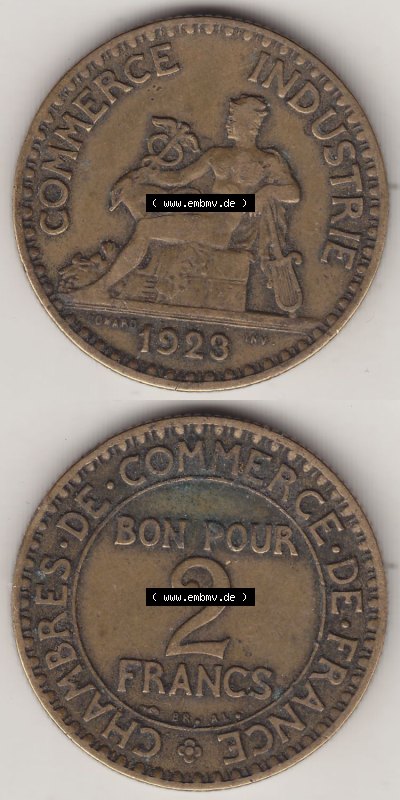 Münzen Frankreich Eurovorläufer, Umlaufmünze vor Euroeinführung 1920-1927, 2 Francs - Franken 1923. Vorderseite und Rückseite... Sammlung