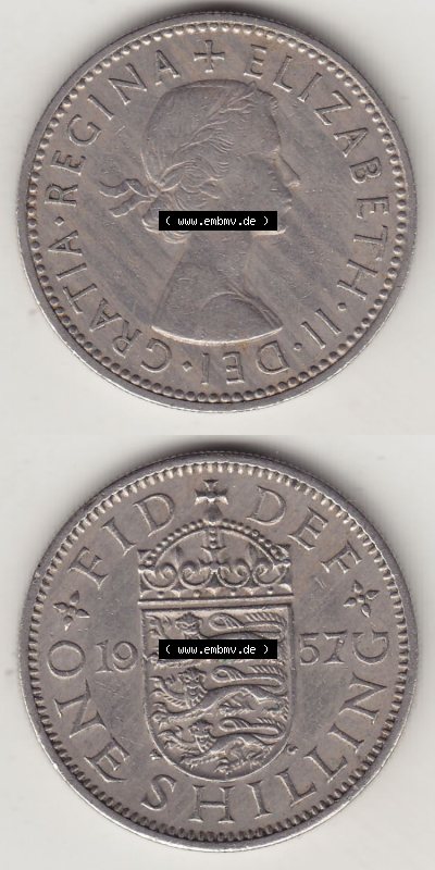 Münzen Großbritannien Eurovorläufer, Umlaufmünze vor Euroeinführung 1954-1970, 1 Schilling - Shilling, 1957 (Stück 1) Wappen... Sammlung