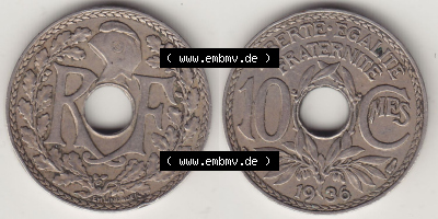 Münzen Frankreich Eurovorläufer, Umlaufmünze vor Euroeinführung 1917-1938, 10 Centimes - Cmes 1936. Vorderseite und Rückseite... Sammlung