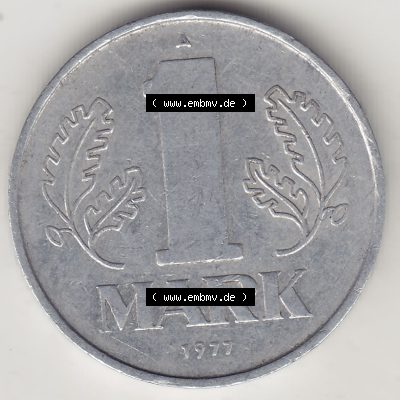 Münzen Deutschland DDR 1972-1990, A 1 Mark 1977-4. Rückseite einer 1 Mark Münze / Umlaufmünze aus Deutschland der ehemaligen DDR in Europa als Digitales Bild /... Sammlung