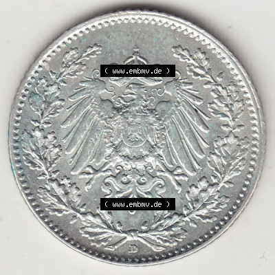 Münzen Deutschland 1871-1918 Kaiserreich Silbermünze 1905-1919, 1/2 Mark D 1916. Vorderseite einer Münze aus dem deutschen... Sammlung