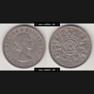 Münzen Großbritannien Eurovorläufer, Umlaufmünze vor Euroeinführung 1954-1970, 2 Schilling - Shillings 1955-1. Vorderseite und Rückseite horizontal nebeneinander... Sammlung