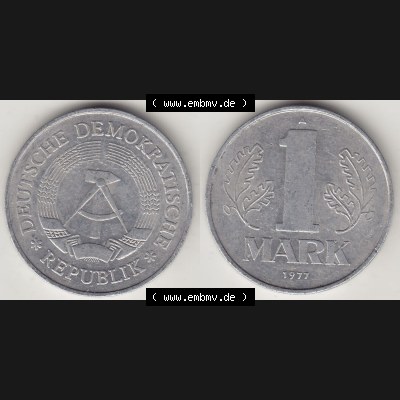 Münzen Deutschland DDR 1972-1990, A 1 Mark 1977-1. Vorderseite und Rückseite Nebeneinander einer 1 Mark Münze / Umlaufmünze aus Deutschland der ehemaligen DDR in Europa... Sammlung