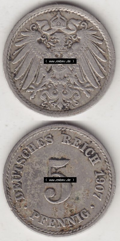 Münzen Deutschland 1871-1918 Kaiserreich 1890-1915, 5 Pfennig A, 1907 II (4) Sammlung