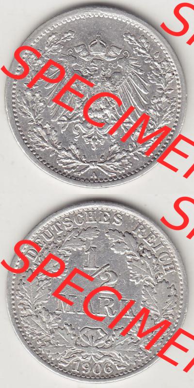 Münzen Deutschland 1871-1918 Kaiserreich Silbermünze 1905-1919, 1/2 Mark A 1906. Vorderseite und Rückseite Vertikal Untereinander, passend für Mobile-Geräte,... Sammlung