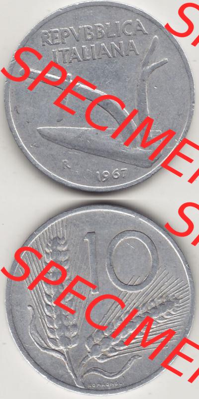 Münzen Italien / Italia Eurovorläufer, Umlaufmünze vor Euroeinführung 1951-2001, 10 Lire 1967. Vorderseite und Rückseite Vertikal Untereinander, passend... Sammlung