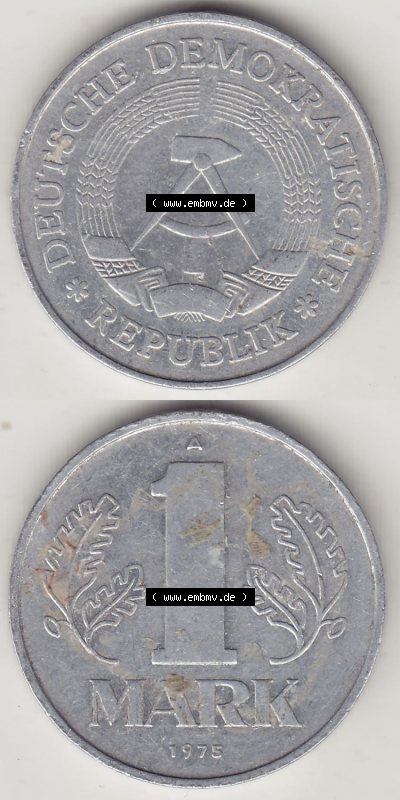 Münzen Deutschland DDR 1972-1990, A 1 Mark 1975. Vorderseite und Rückseite Vertikal Untereinander, passend für Mobile-Geräte,... Sammlung