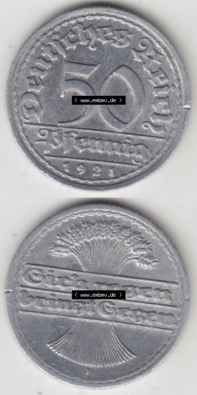 Münzen Deutschland 1918-1932 Weimarer Republik 1919-1922, 50 Pfennig F, 1921 (4) Sammlung