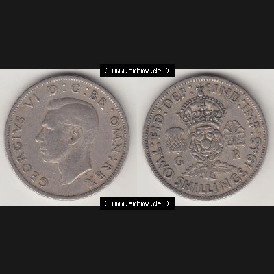 Münzen Großbritannien Eurovorläufer, Umlaufmünze vor Euroeinführung 1947-1948, 2 Schilling - Shillings 1949-2. Vorderseite und Rückseite horizontal nebeneinander... Sammlung