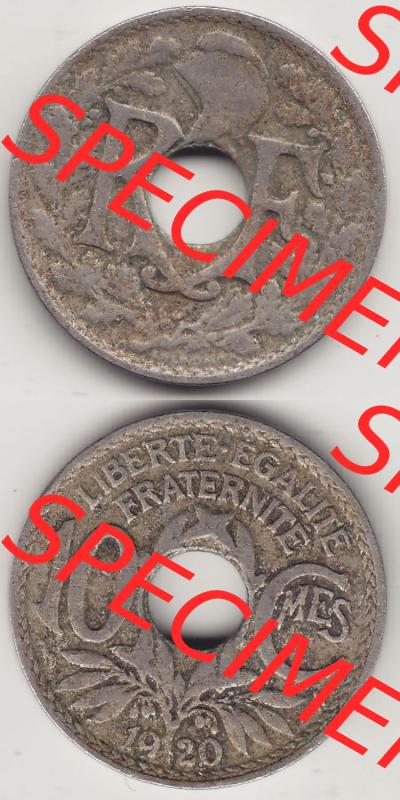 Münzen Frankreich Eurovorläufer, Umlaufmünze vor Euroeinführung 1917-1938, 10 Centimes - Cmes 1920. Vorderseite und Rückseite Vertikal Untereinander, passend... Sammlung