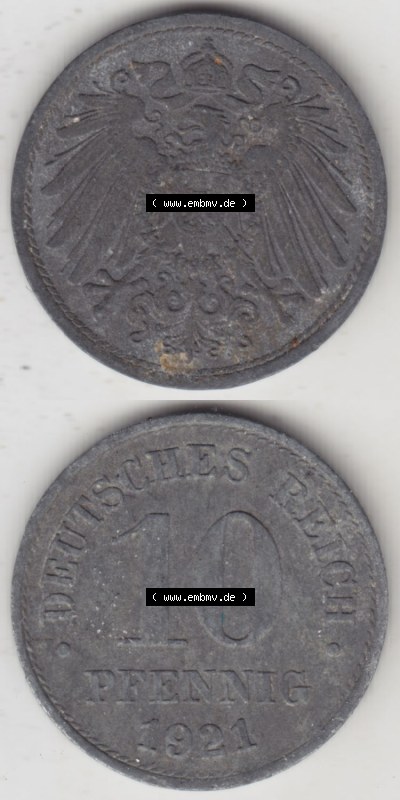 Münzen Deutschland 1918-1932 Weimarer Republik 1917-1922, 10 Pfennig Reichsadler, Keine Prägestätte 1921 II (4) Sammlung