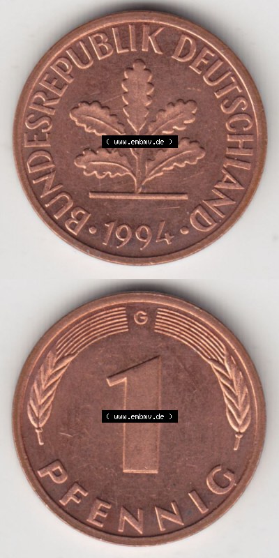 Münzen Deutschland 1 Pfennig-Deutsche Mark 1950-2001, 1 Pfennig 1994 G. Vorderseite und Rückseite in vertikaler Ansicht, einer... Sammlung