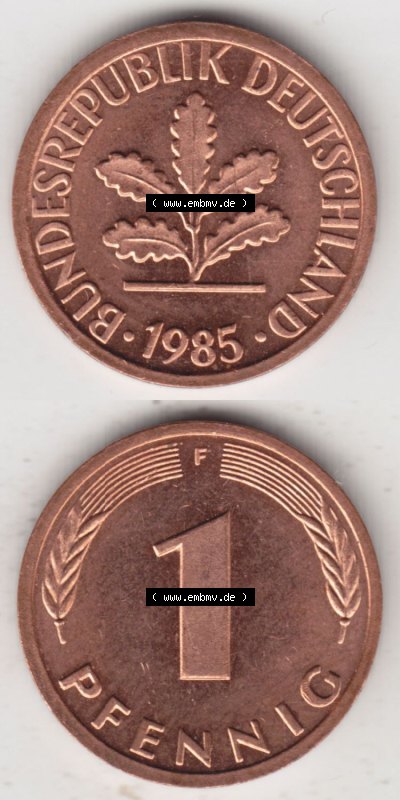 Münzen Deutschland 1 Pfennig-Deutsche Mark 1950-2001, 1 Pfennig 1985 F. Vorderseite und Rückseite in vertikaler Ansicht, einer... Sammlung