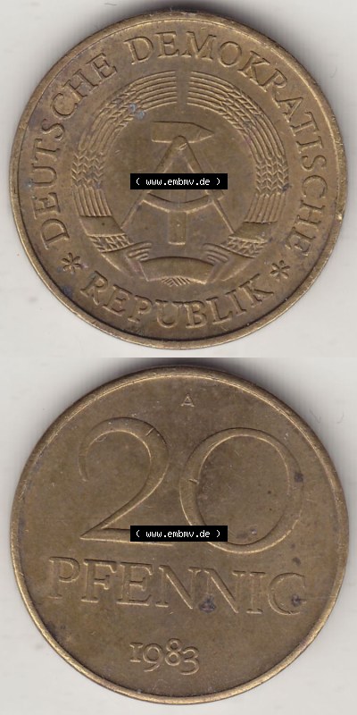 Münzen Deutschland DDR 1969-1990, 20 Pfennig 1983 (Stück 1), DDR-Telefonmünze. Vorderseite und Rückseite Vertikal Untereinander,... Sammlung