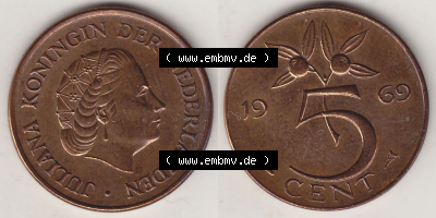 Münzen Niederlande / Netherlands Eurovorläufer, Umlaufmünze vor Euroeinführung 1950-1980, 5 Cent 1969, Königin Juliana (3) Sammlung
