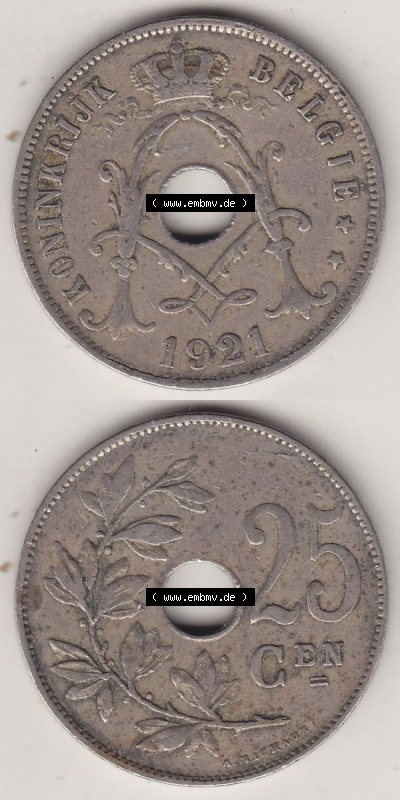 Münzen Belgien Eurovorläufer, Umlaufmünze vor Euroeinführung 1910-1929, 25 Centime - KONINKRIJK BELGIË 1921 (4) Sammlung