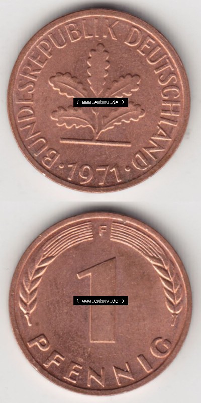 Münzen Deutschland 1 Pfennig-Deutsche Mark 1950-2001, 1 Pfennig 1971 F. Vorderseite und Rückseite in vertikaler Ansicht, einer... Sammlung