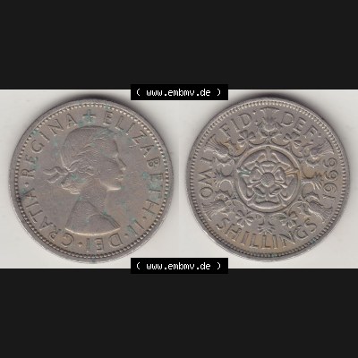 Münzen Großbritannien Eurovorläufer, Umlaufmünze vor Euroeinführung 1954-1970, 2 Schilling - Shillings 1966-5. Vorderseite und Rückseite horizontal nebeneinander... Sammlung