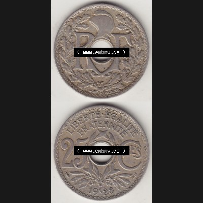 Münzen Frankreich Eurovorläufer, Umlaufmünze vor Euroeinführung 1917-1937, 25 Cmes, Centimes 1928-1 LIBERTE EGALITE FRATERNITE. Rückseite und Vorderseite... Sammlung
