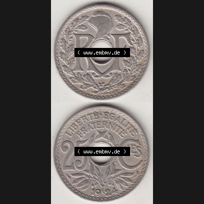 Münzen Frankreich Eurovorläufer, Umlaufmünze vor Euroeinführung 1917-1937, 25 Cmes, Centimes 1924-1 LIBERTE EGALITE FRATERNITE. Rückseite und Vorderseite... Sammlung