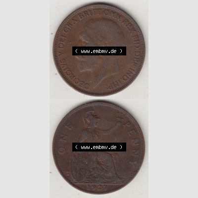 Münzen Großbritannien Eurovorläufer, Umlaufmünze vor Euroeinführung 1927-1927, 1 One Penny, 1927-1, George V, BM GEORGIVS V DEI GRABRITTOMNREX FIDDEFINDIMP.... Sammlung